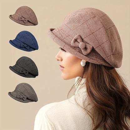 Warm Plaid Basin Hat for Women - Stylish Coldproof Sunshade, All-Season Outdoor Accessory for Middle-aged & Elderly