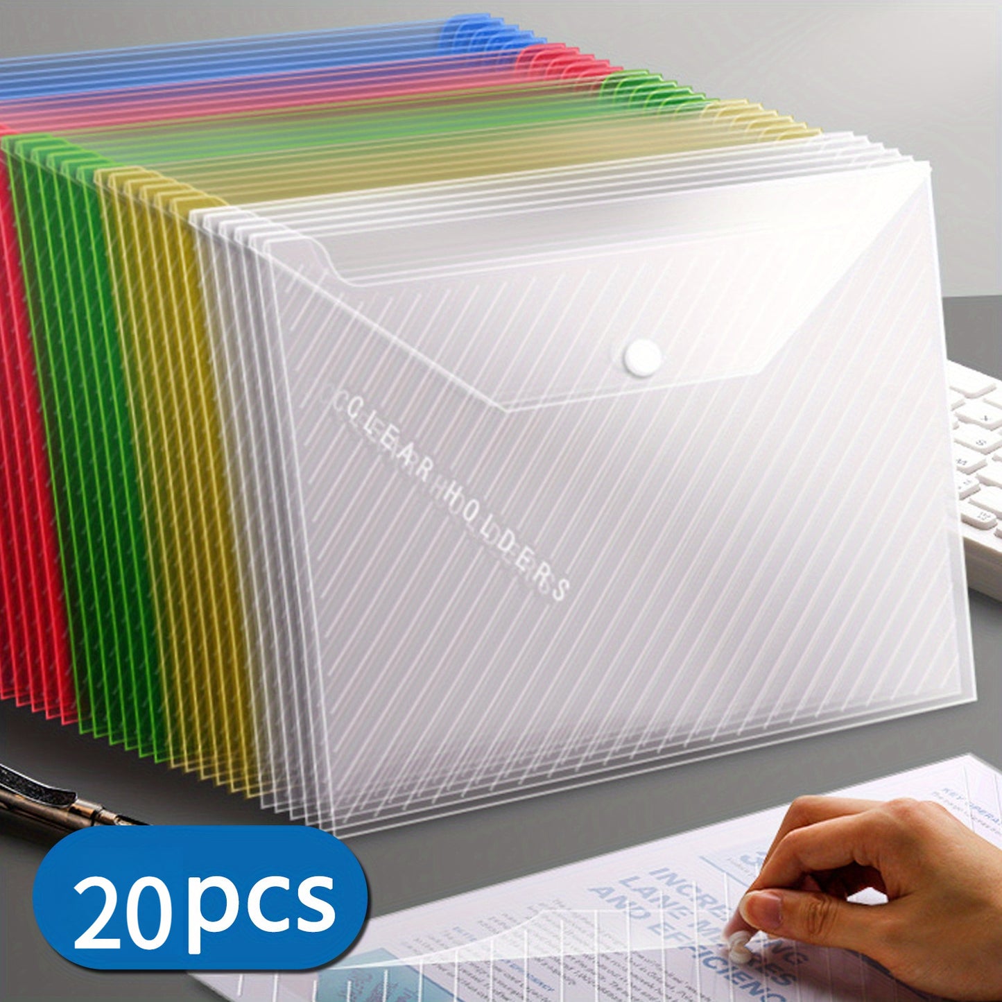 20 Pack Clear A4 File Bags – Mixed Colors & White, Button Closure Storage Organizer for Office & School Supplies