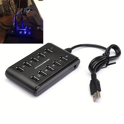 Portable USB Hub - Dual Row, 10-Port ABS Plastic with Switch for Work and Home