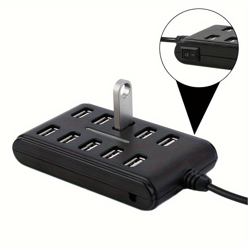 Portable USB Hub - Dual Row, 10-Port ABS Plastic with Switch for Work and Home