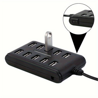 Portable USB Hub - Dual Row, 10-Port ABS Plastic with Switch for Work and Home