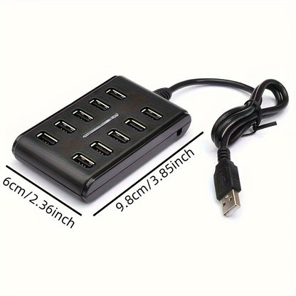 Portable USB Hub - Dual Row, 10-Port ABS Plastic with Switch for Work and Home