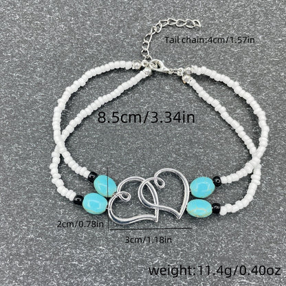 Boho-Chic 3pcs Double-Layer Beaded Anklet Set with Heart Charms - Handcrafted, Hypoallergenic & Durable, Perfect for Beach Vacations, Weddings & Casual Attire