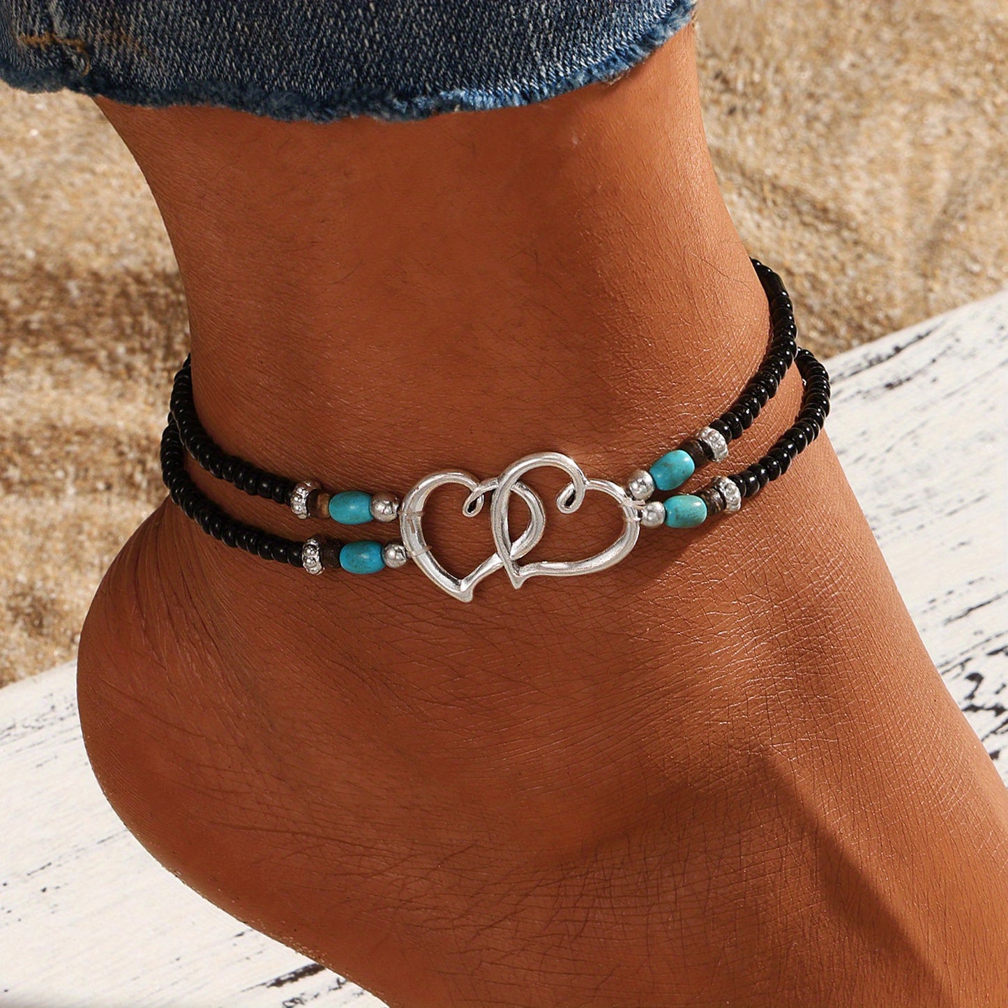 Boho-Chic 3pcs Double-Layer Beaded Anklet Set with Heart Charms - Handcrafted, Hypoallergenic & Durable, Perfect for Beach Vacations, Weddings & Casual Attire