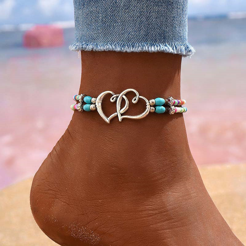 Boho-Chic 3pcs Double-Layer Beaded Anklet Set with Heart Charms - Handcrafted, Hypoallergenic & Durable, Perfect for Beach Vacations, Weddings & Casual Attire