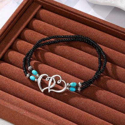 Boho-Chic 3pcs Double-Layer Beaded Anklet Set with Heart Charms - Handcrafted, Hypoallergenic & Durable, Perfect for Beach Vacations, Weddings & Casual Attire