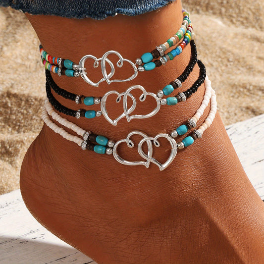 Boho-Chic 3pcs Double-Layer Beaded Anklet Set with Heart Charms - Handcrafted, Hypoallergenic & Durable, Perfect for Beach Vacations, Weddings & Casual Attire