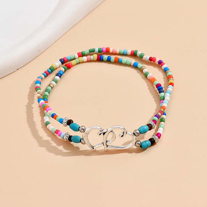 Boho-Chic 3pcs Double-Layer Beaded Anklet Set with Heart Charms - Handcrafted, Hypoallergenic & Durable, Perfect for Beach Vacations, Weddings & Casual Attire