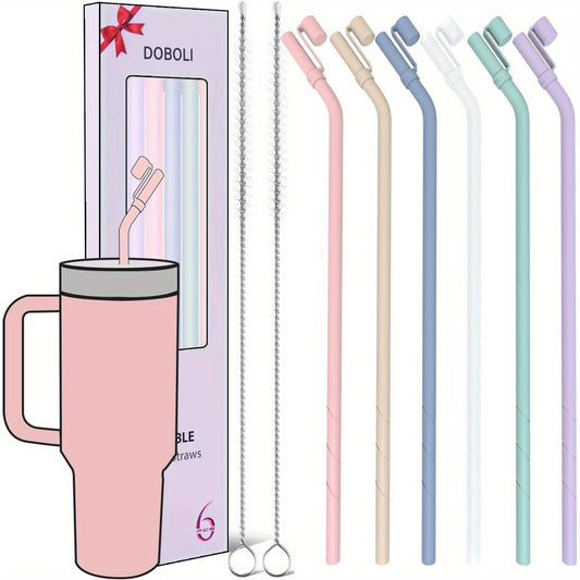 13 Inch Silicone Straw Replacement Pack - 6 Reusable Bent Straws with Covers and Cleaning Brush, Compatible with 30 oz and 40 oz Tumblers