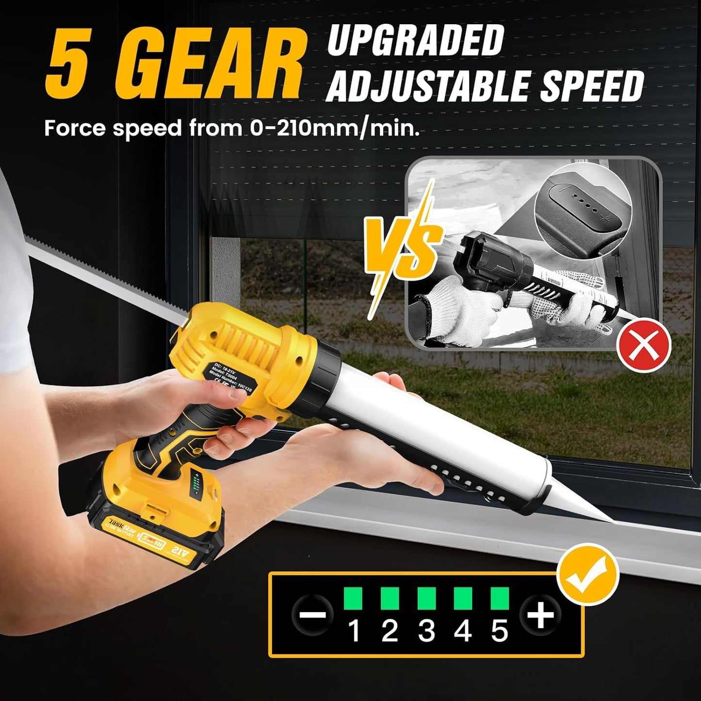 ProPlus Cordless Caulking Gun - 5-Speed Electric Caulk Gun with 2.0Ah Li-Battery, Charger, LED Light | Dripless Design and Cutting Tool for Adhesives, Sealants, Bathroom, Balcony, Door Sealing