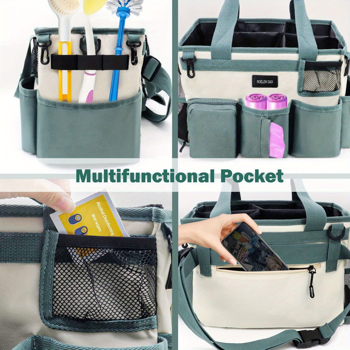 Wearable Cleaning Caddy Bag - Adjustable Shoulder and Waist Straps for Organizing Cleaning Supplies - Large Green and White Tote for Cleaners and Housekeepers