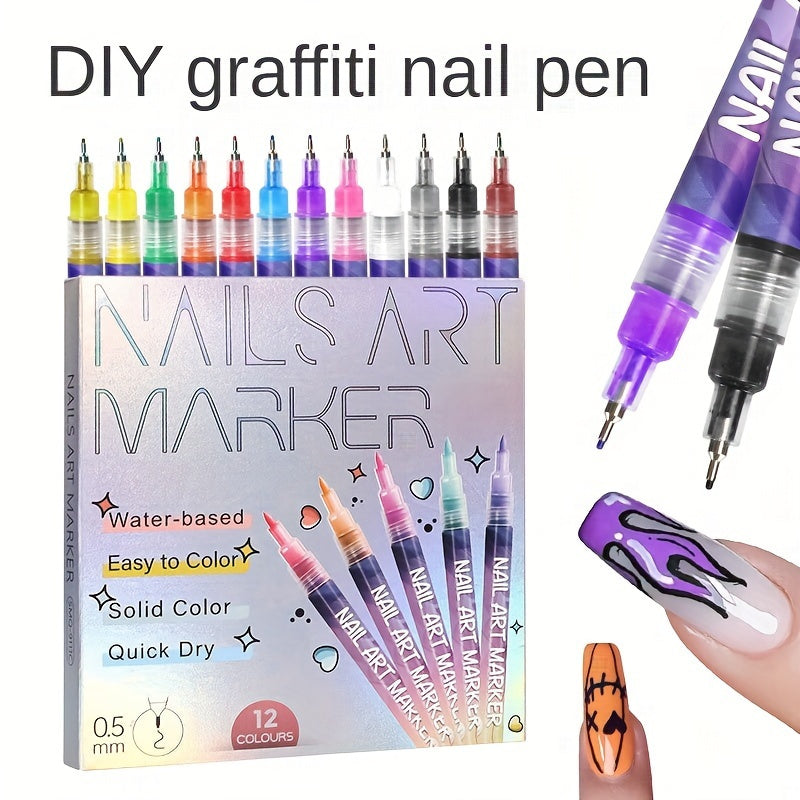 Nail Doodle Pen Set - 12 Color Acrylic Paint Pen for DIY Nail Art, Quick Drying, Precision 3D Dot Stitching, Suitable for Home and Salon Use, Professional Long-Lasting Details