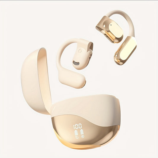5.4 Chip Wireless Sport Earbuds - Open-Ear Headphones with LED Display, Sweat-Resistant, Hands-Free Calling, and Long-Lasting Comfort (Black/Skin)