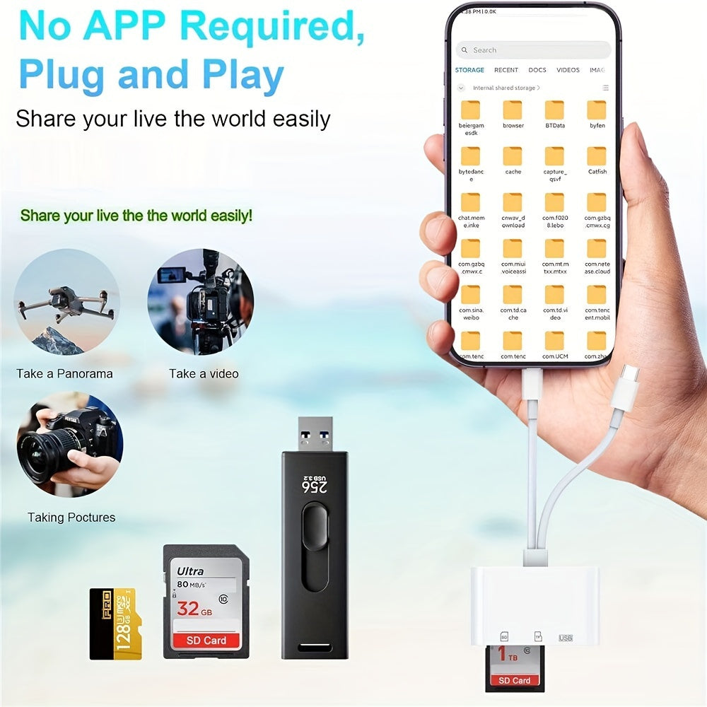 4 in 1 USB 3.0 OTG Adapter - Type-C Mobile Storage, SD/TF Card Reader, Plug and Play for iPhone, iPad, Samsung, Android Phones
