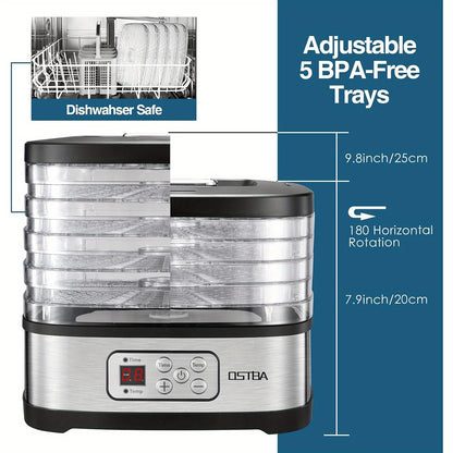 5 Tray OSTBA Food Dehydrator Machine – Adjustable Temp Control, 72H Timer, LED Display and Recipe Book – 240W for Drying Food, Jerky, Fruit, Dog Treats