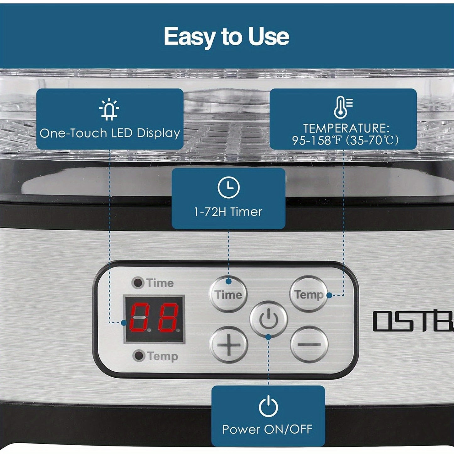 5 Tray OSTBA Food Dehydrator Machine – Adjustable Temp Control, 72H Timer, LED Display and Recipe Book – 240W for Drying Food, Jerky, Fruit, Dog Treats