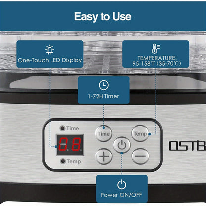 5 Tray OSTBA Food Dehydrator Machine – Adjustable Temp Control, 72H Timer, LED Display and Recipe Book – 240W for Drying Food, Jerky, Fruit, Dog Treats
