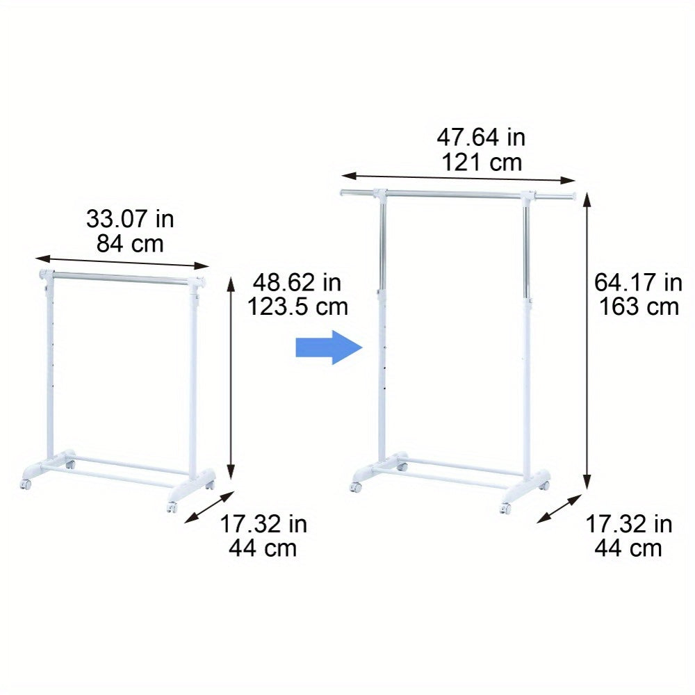 Adjustable Rolling Garment Rack – Metal Chrome & White, 84-121W x 44D x 123.5-163H cm