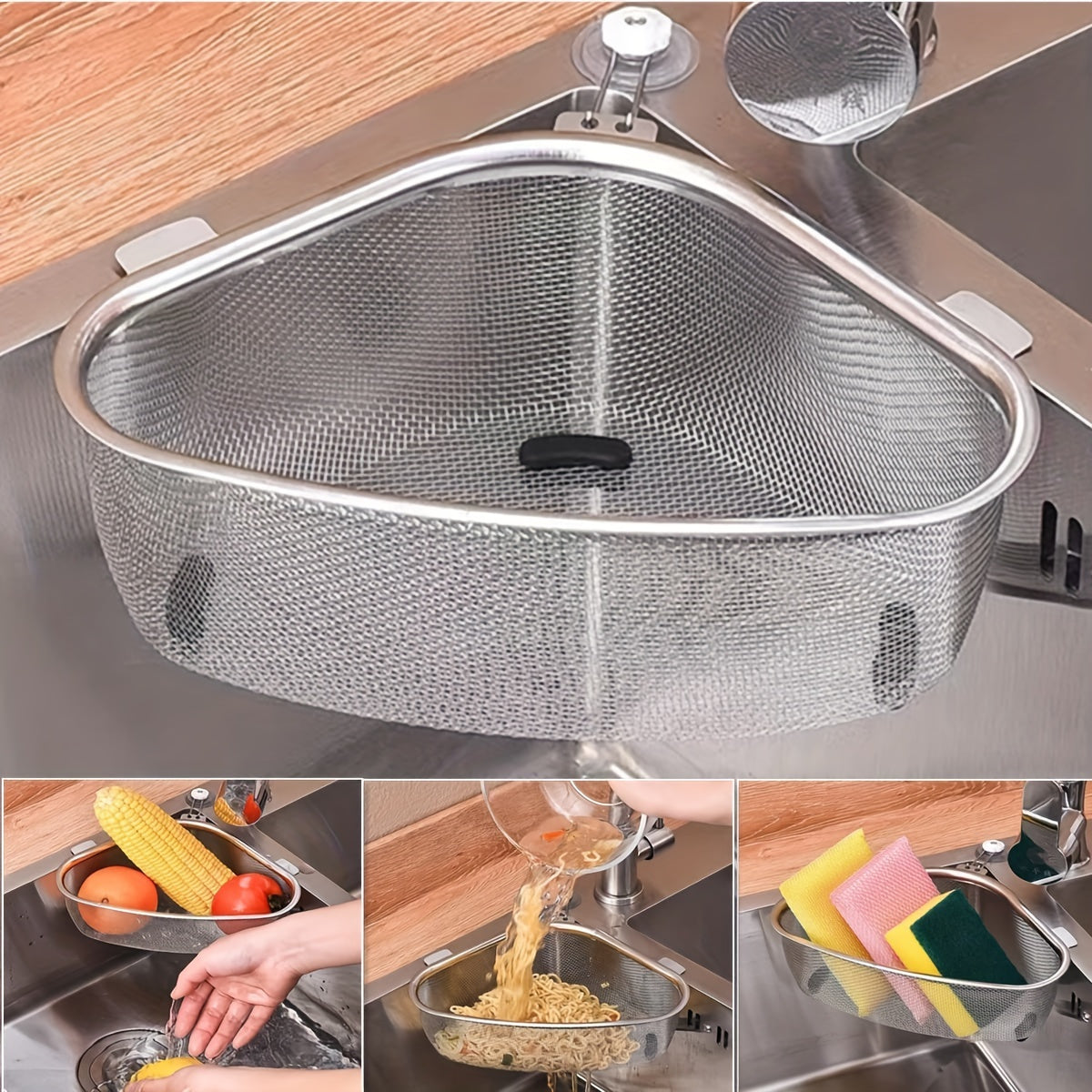 201 Stainless Steel Triangle Corner Sink Strainer – Multipurpose Mesh Drain Basket for Kitchen, Easy-Clean & Space-Efficient with Dual-Use Hanging & Standing Options