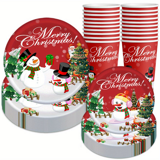 30pcs Snowman Themed Christmas Party Set - Paper Plates & Cups, Perfect for Holiday Celebrations and Birthdays