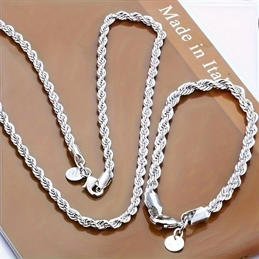 2PCS 925 Sterling Silver Twisted Rope Chain Necklace & Bracelet - Simple Hip-Hop Style, Shiny Basic Chain, Elegant Women's Jewelry Accessories