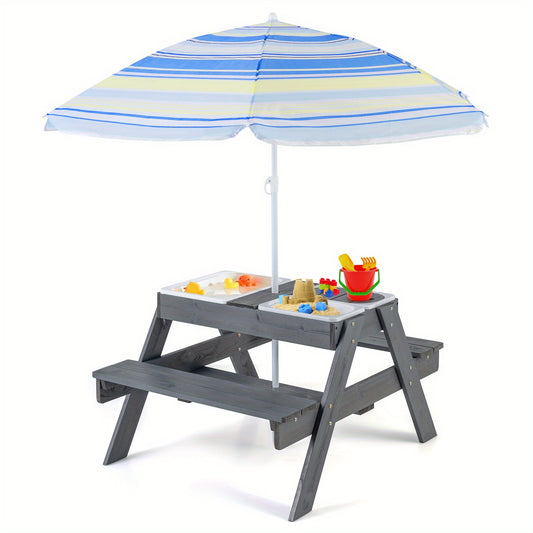 Kids 4 in 1 Sand & Water Table – Wood Outdoor Activity Table & Bench Set with 3 Removable Boxes, Adjustable Umbrella for Ages 3+