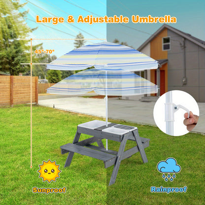 Kids 4 in 1 Sand & Water Table – Wood Outdoor Activity Table & Bench Set with 3 Removable Boxes, Adjustable Umbrella for Ages 3+
