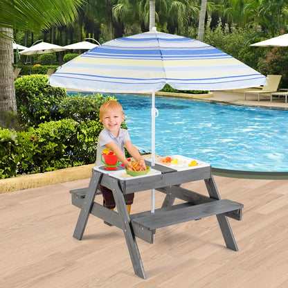 Kids 4 in 1 Sand & Water Table – Wood Outdoor Activity Table & Bench Set with 3 Removable Boxes, Adjustable Umbrella for Ages 3+