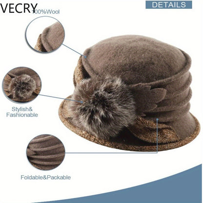 VECRY Beret Hat for Women - French Vintage Floral Wool Cloche, Classic Winter Dress Hat