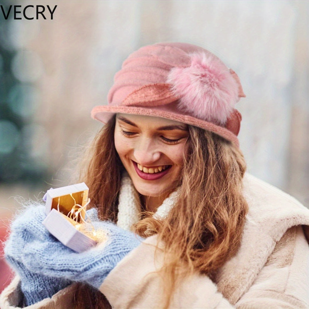 VECRY Beret Hat for Women - French Vintage Floral Wool Cloche, Classic Winter Dress Hat