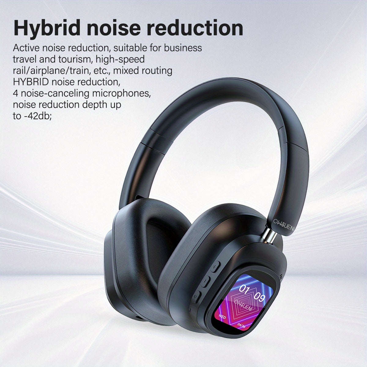 Hybrid Active Noise Cancelling Headphones - Wireless Over-Ear with Detachable Magnetic Screen, 40H Playtime for Home, Office, Travel