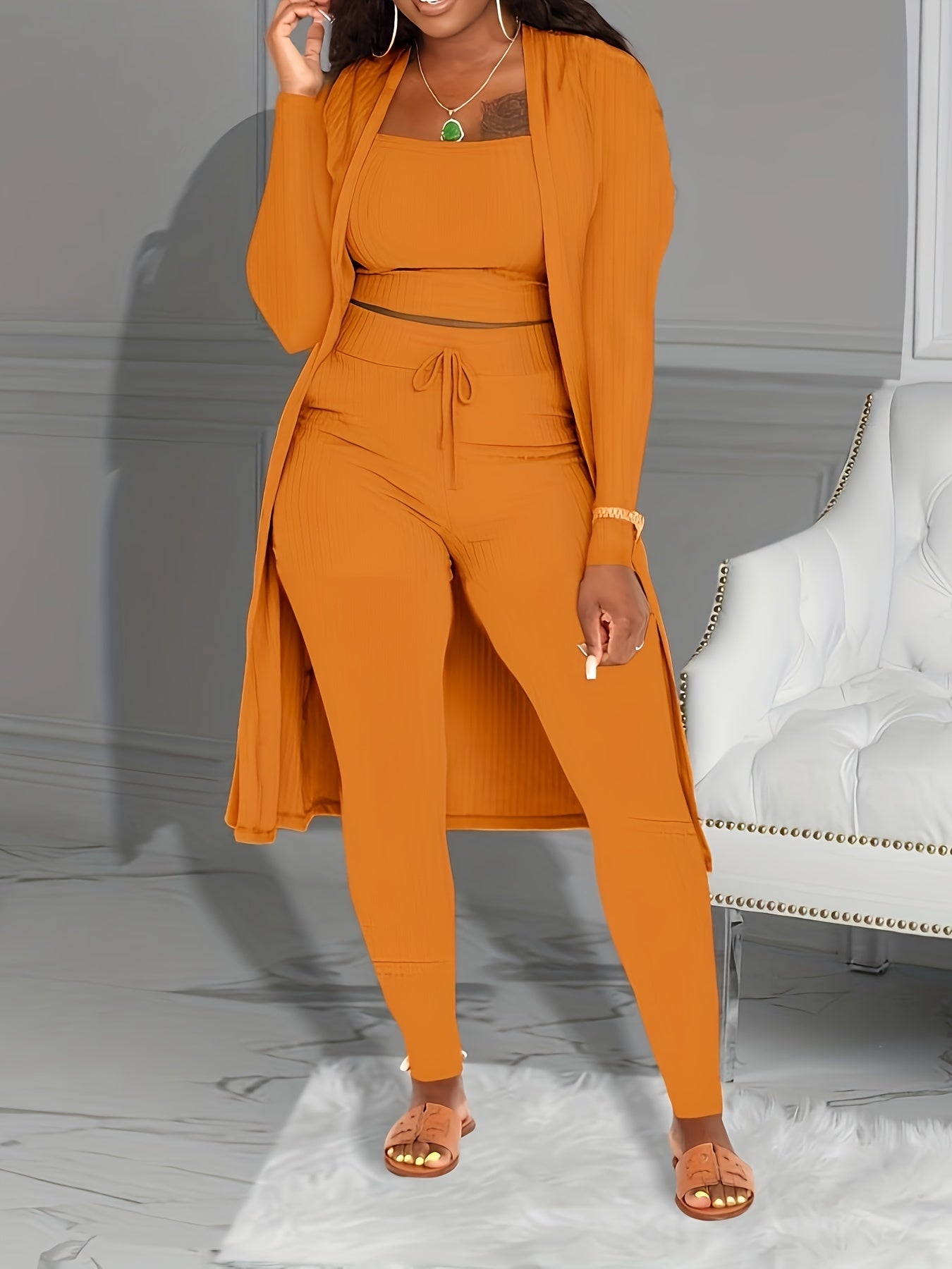 Women's Ribbed Solid Three-Piece Set - Open Front Long Sleeve Cardigan, Tank Top, and Lace-Up Pants Outfit