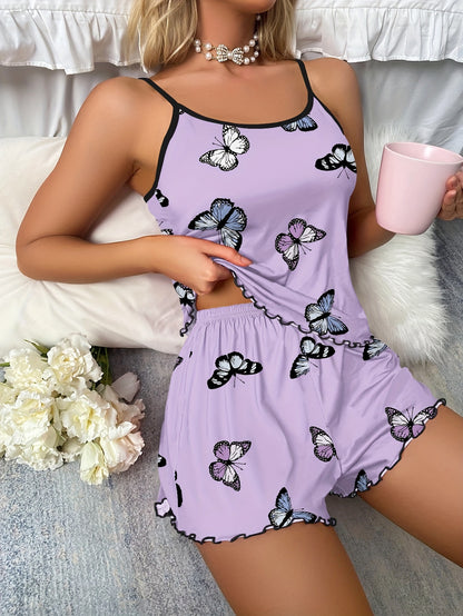 Butterfly Print Pajama Set for Women - Soft Micro Elasticity, Sleeveless Crew Neck Cami Top, Elastic Waistband Shorts, Random Pattern - Comfortable All-Season Sleepwear and Loungewear