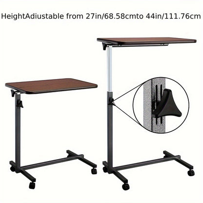 Mobile Height Adjustable Side Table – Portable Overbed Bedside Table with Wheels, Tilting Laptop & Food Tray, Room Decor