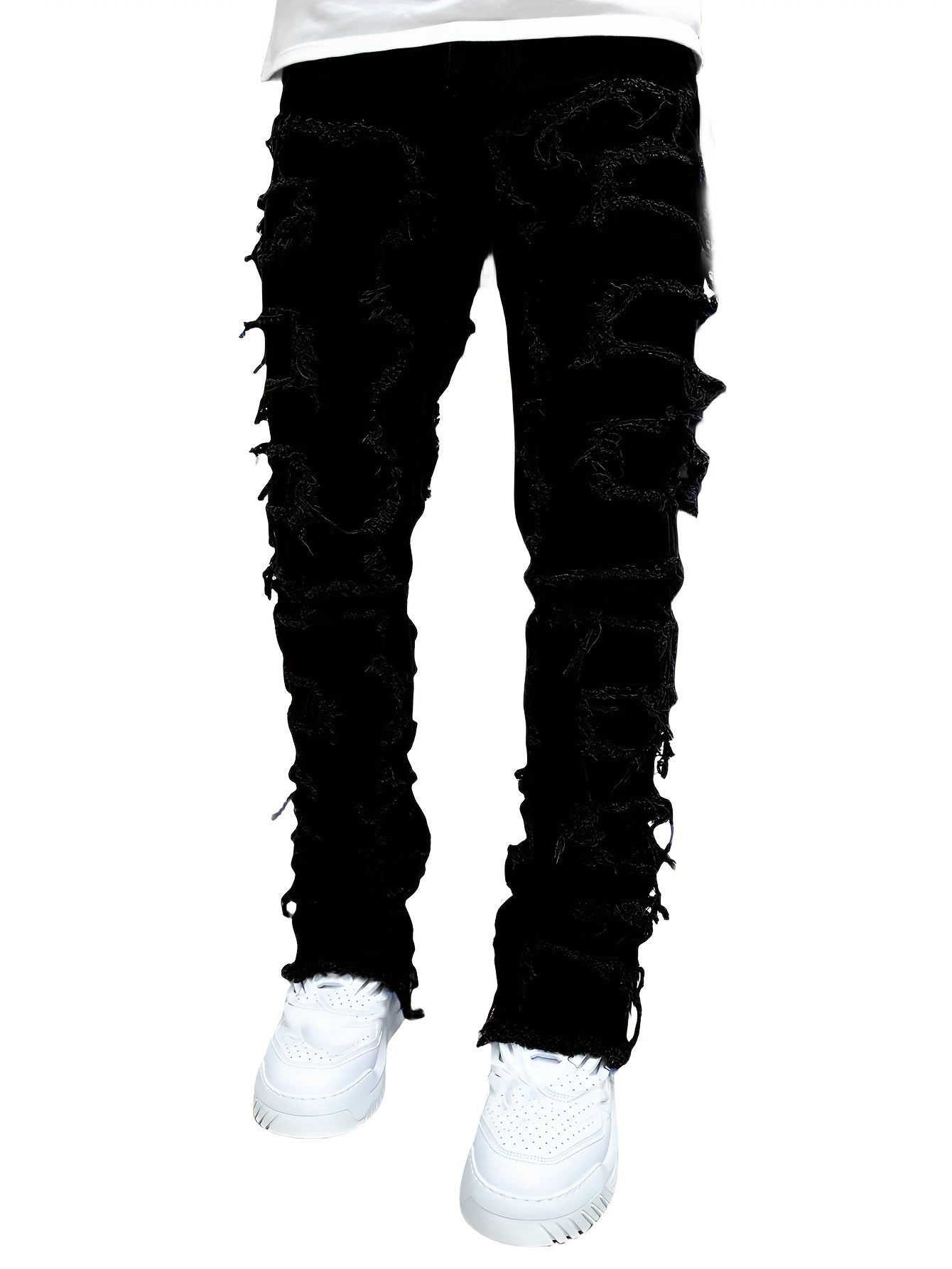 Creative Tassels Decoration Straight Fit Jeans - Men's Casual Medium Stretch Street Style Denim Pants for All Seasons