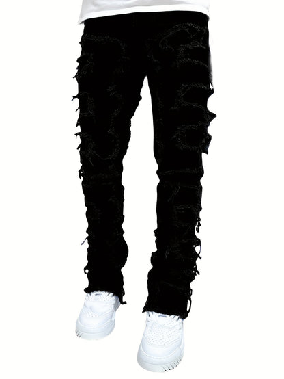 Creative Tassels Decoration Straight Fit Jeans - Men's Casual Medium Stretch Street Style Denim Pants for All Seasons