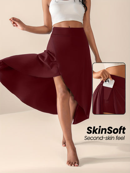 Women's High-Waisted Split Skort with Pockets – Solid Color Casual Sports Skirt – Breathable and  Flexible Activewear