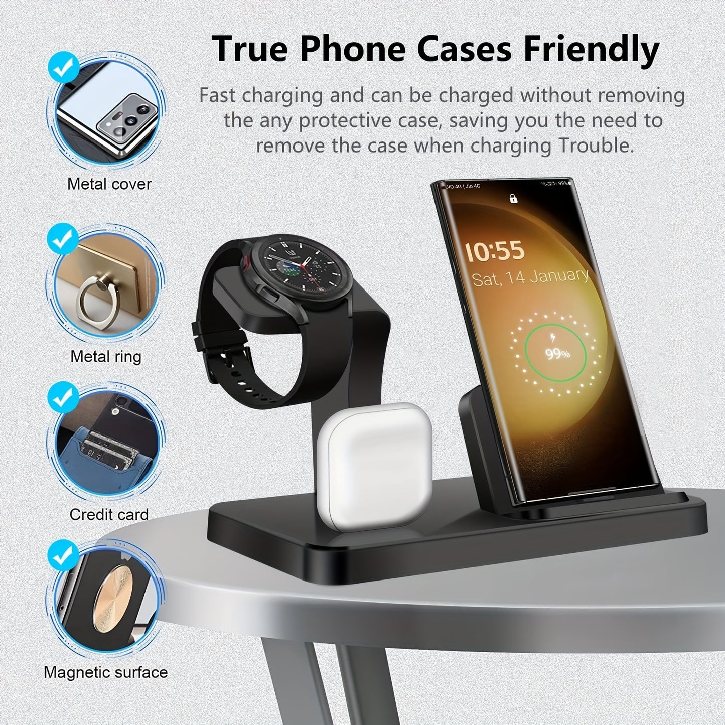 USB-C Fast Charging Station - 3 in 1 Wireless Charger for Samsung Phones, Watches, and Earbuds, Compatible with Galaxy Watch 6/5/4/3, S24/S23/S22/21, Note20/10, Z Fold/Flip 5/4
