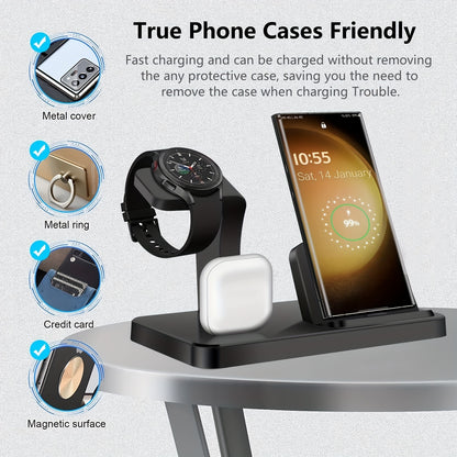 USB-C Fast Charging Station - 3 in 1 Wireless Charger for Samsung Phones, Watches, and Earbuds, Compatible with Galaxy Watch 6/5/4/3, S24/S23/S22/21, Note20/10, Z Fold/Flip 5/4