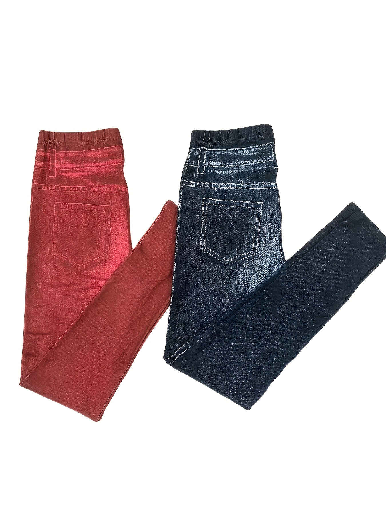 2 Pack Imitation Denim Print Pants - Casual Stretchy Everyday Pants for Women