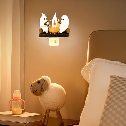 Halloween Ghost Campfire Flickering Night Light – 3D LED Faux Campfire Nightlight for Indoor Decorations, Perfect for Family and Friends