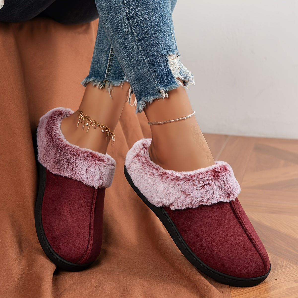 Fluffy Solid Color Cozy Slippers - Soft Sole Flat Closed Toe Plush Lined Winter Non-Slip Home Warm Shoes