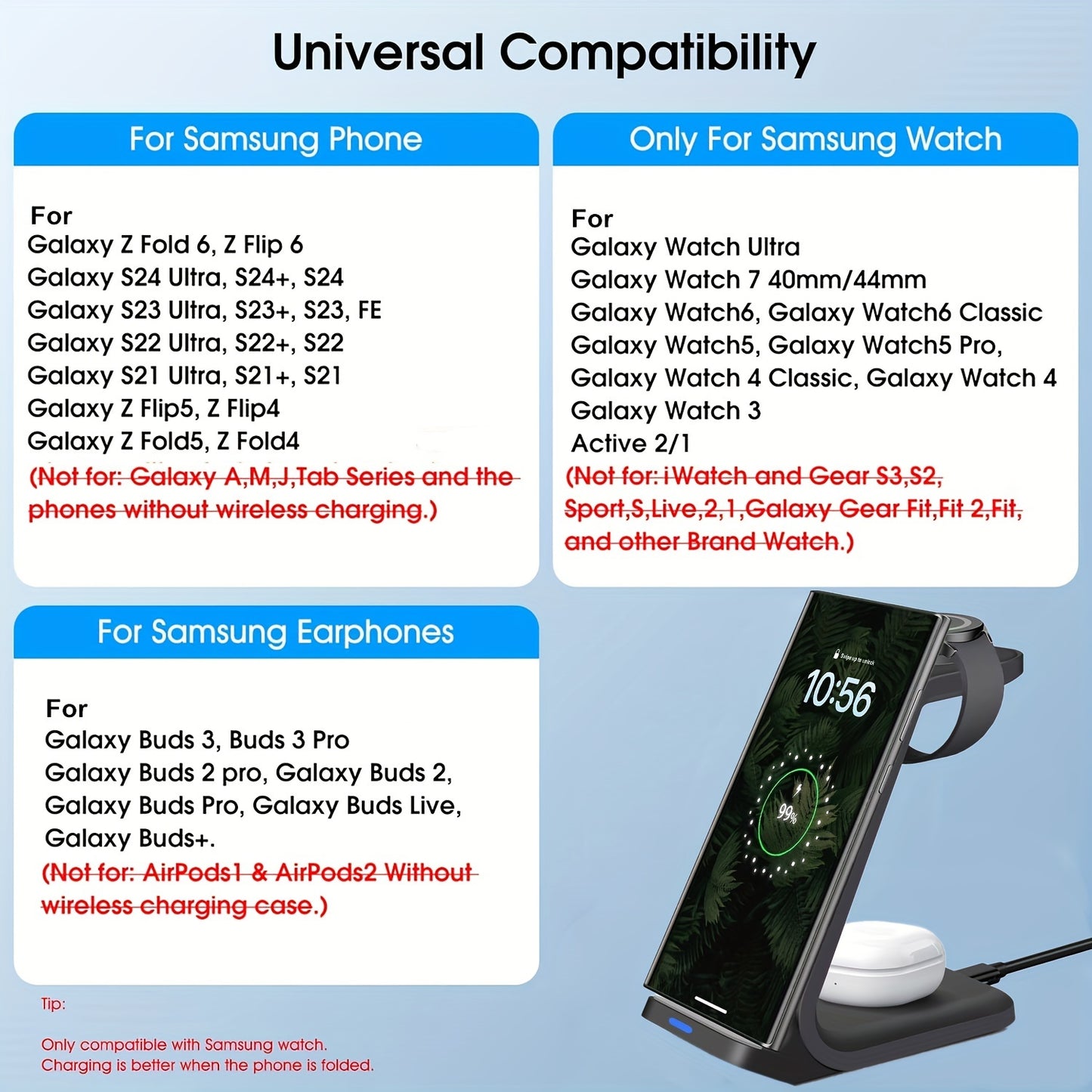 3 in 1 Wireless Charging Station for Samsung – Portable Charger for S24 Ultra/S24/S24+/S23 Ultra/S23/S22 Ultra/S22/S21/Note 20, Galaxy Watch 6/6 Classic/5/5 Pro/4 and Galaxy Buds 2 Pro