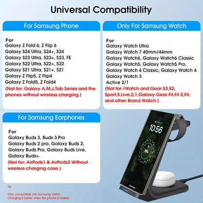 3 in 1 Wireless Charging Station for Samsung – Portable Charger for S24 Ultra/S24/S24+/S23 Ultra/S23/S22 Ultra/S22/S21/Note 20, Galaxy Watch 6/6 Classic/5/5 Pro/4 and Galaxy Buds 2 Pro
