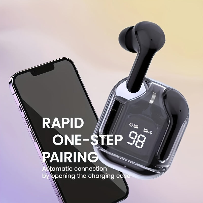 Transparent Wireless Headphones – Noise Cancelling, HiFi Dual Stereo Microphone, Mini In-Ear Earbuds with Charging Case and LED Digital Display, Sport Headphones