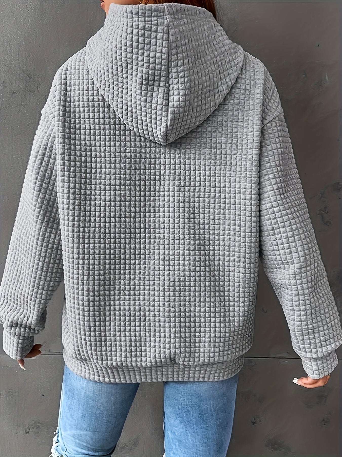 Cozy Plus Size Women's Hoodie – Heart Rugby Print, Waffle Knit, Long Sleeve with Drawstring Hood and Kangaroo Pockets, Casual Wear for Curvy Fashionistas