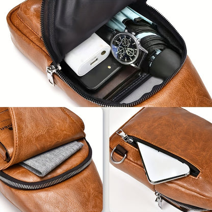 Men's PU Leather Vintage Chest Bag – Casual Large Capacity Crossbody with Multi-Compartments – Waterproof Premium Design for Everyday Use