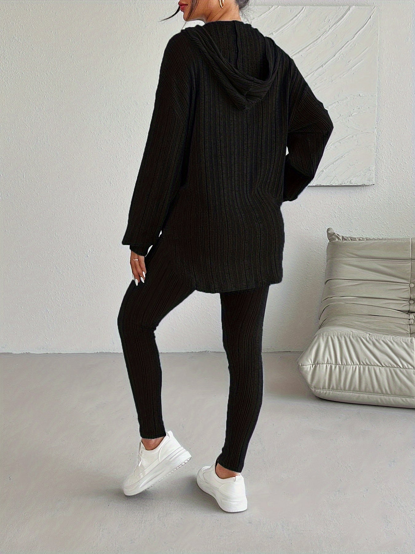 Ribbed Two-Piece Set - Casual Long Sleeve Hooded Top and Skinny Pants Outfit for Women