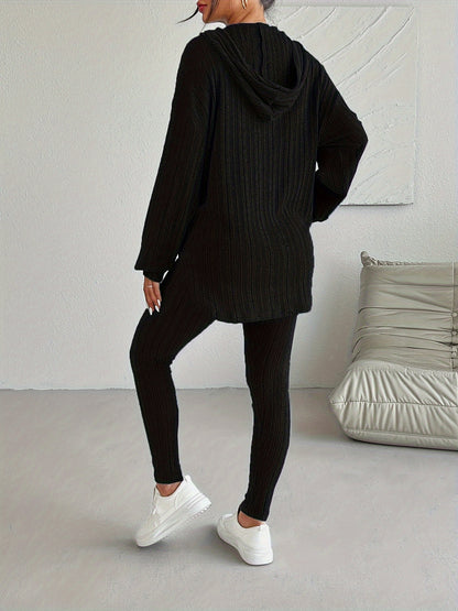 Ribbed Two-Piece Set - Casual Long Sleeve Hooded Top and Skinny Pants Outfit for Women