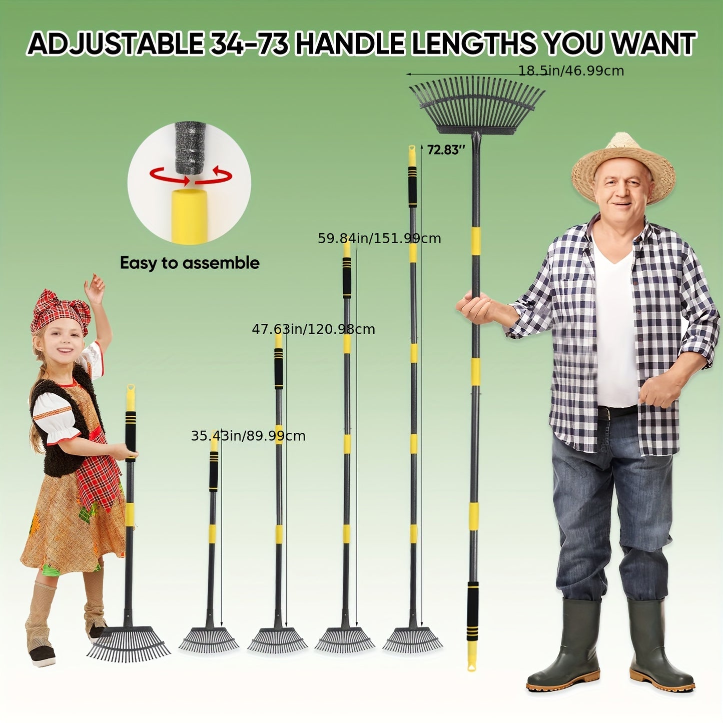 Adjustable Metal Garden Leaf Rake - Heavy-Duty Steel Lawn Rake with Telescopic Handle for Efficient Yard Debris Collection